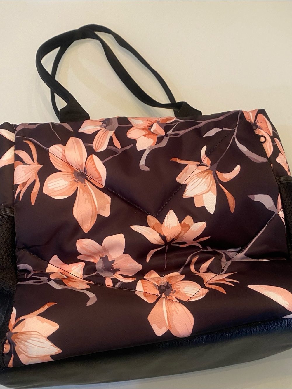 Vooray Quilted Floral Gym Tote Bag in Black & Peach Magnolia Print